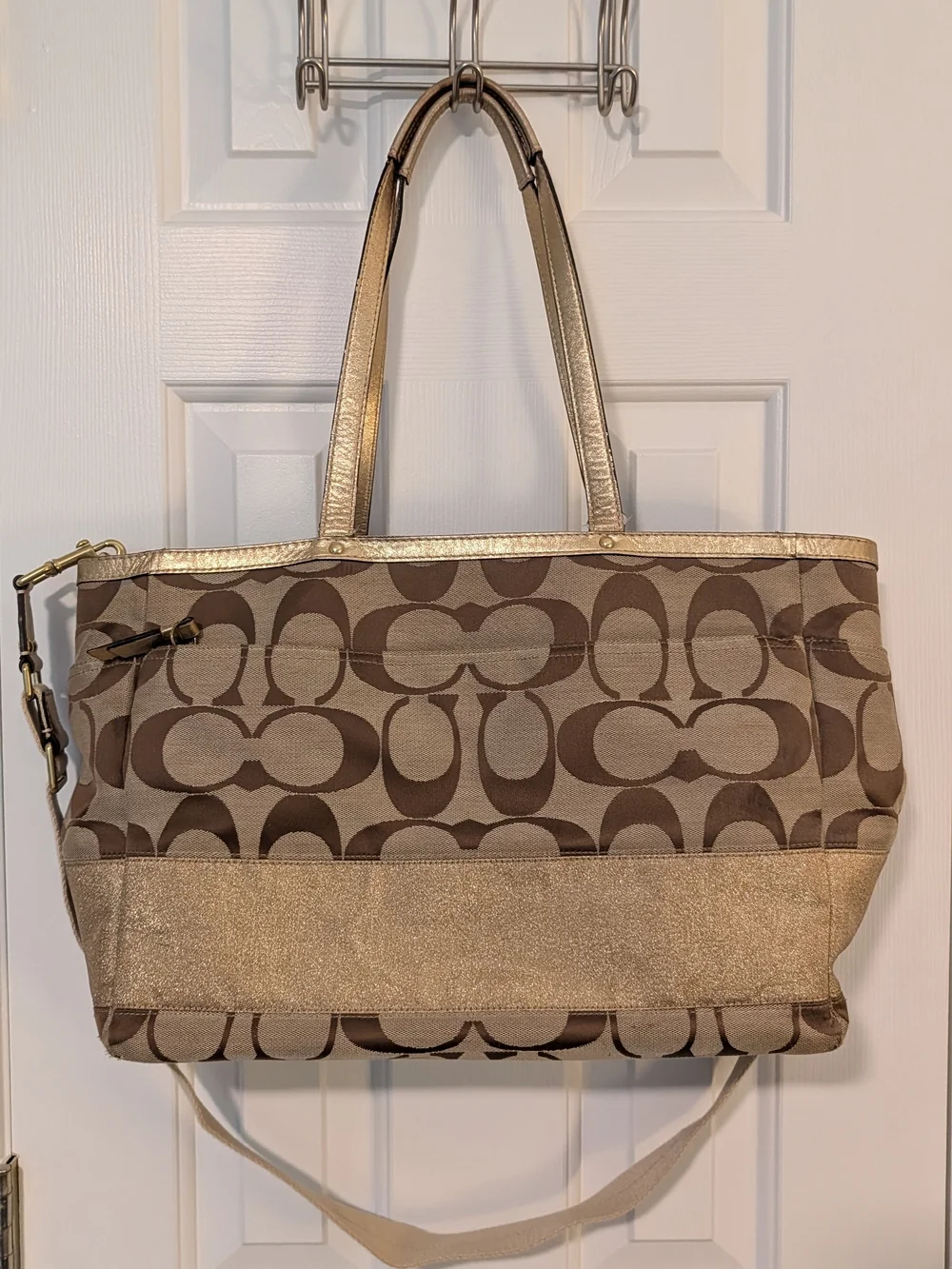 Coach Signature Canvas Diaper Bag Tote in Brown and Gold